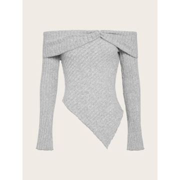 MakeMeChic Women Off Shoulder Ribbed Tee Light Grey