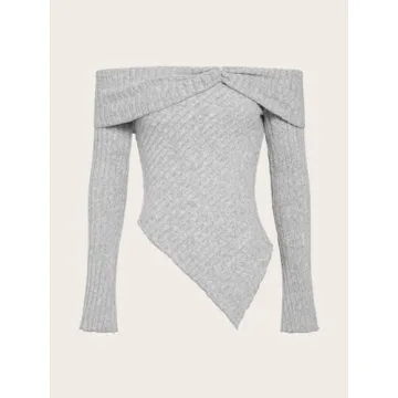 MakeMeChic Women Off Shoulder Ribbed Tee Light Grey