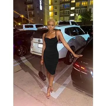 BEAGIMEG Women's Ruched Backless Spaghetti Strap Bodycon Party Club Midi Dress Black