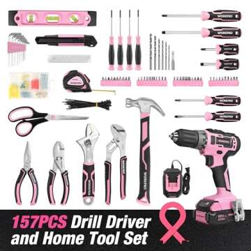 WORKPRO Pink Household Tool Kit with Drill, 157PCS Tool Set with 20V Cordless Lithium-ion Drill Driv...