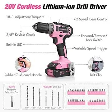 WORKPRO Pink Household Tool Kit with Drill, 157PCS Tool Set with 20V Cordless Lithium-ion Drill Driver, Home Tool Kit for All Purpose, Power Drill Sets with Pink Tool Bag - Pink Ribbon