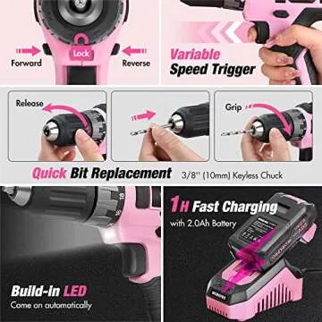 WORKPRO Pink Household Tool Kit with Drill, 157PCS Tool Set with 20V Cordless Lithium-ion Drill Driver, Home Tool Kit for All Purpose, Power Drill Sets with Pink Tool Bag - Pink Ribbon