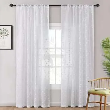 MYSKY HOME Pom Pom White Sheer Curtains 84 inches Long for Living Room Bedroom Light Filtering Semi-...