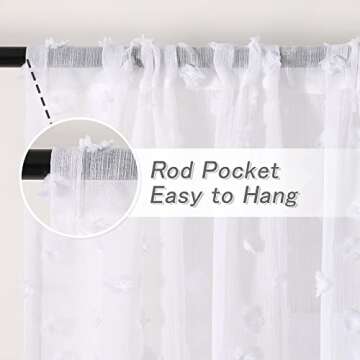 MYSKY HOME Pom Pom White Sheer Curtains 84 inches Long for Living Room Bedroom Light Filtering Semi-Sheer Curtains for Nursery Girls Kids Room Rod Pocket Boho Voile Drapes, White, W52 inch, 2 Panels