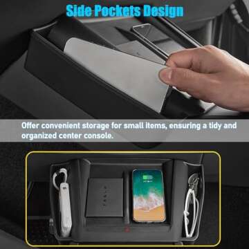 Jaronx Compatible with Tesla Model S/X Wireless Charging Mat with Side Organizer 2021-2024, Anti-Slip Silicone Wireless Charging Pad Cover with Side Storage Pockets for Model S/X Accessories