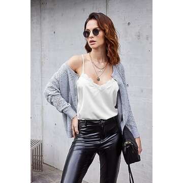 Ekouaer Women's Satin Camisole Lace Silk Satin Pajama Tank Tops V Neck Soft Spaghetti Strap Loose Sleepwear White M