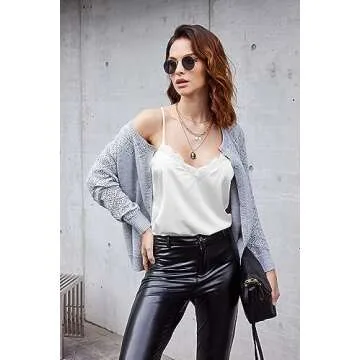 Ekouaer Women's Satin Camisole Lace Silk Satin Pajama Tank Tops V Neck Soft Spaghetti Strap Loose Sleepwear White M