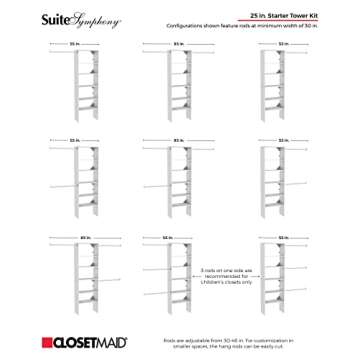 ClosetMaid SuiteSymphony Wood Closet Organizer Starter Kit Tower and 3 Hang Rods, Shelves, Adjustable, Fits Spaces 5 – 10 ft. Wide, Pure White, 25"