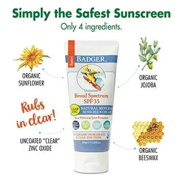 Badger - SPF 35 Clear Zinc Sport Sunscreen Cream - Unscented - Broad Spectrum Water Resistant Reef Safe Sunscreen, Natural Mineral Sunscreen with Organic Ingredients 2.9 fl oz
