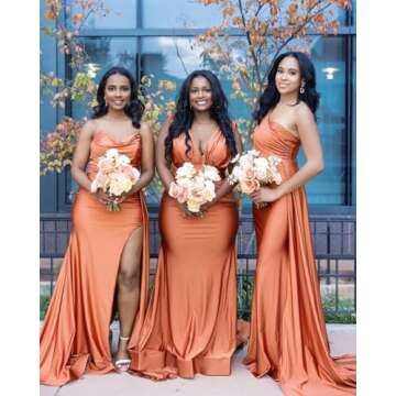 Coral Satin Bridesmaid Dresses for Women Long Mermaid V Neck Formal Evening Dress US6
