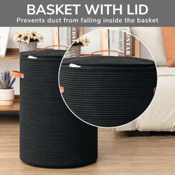 CHICVITA Tall Laundry Basket with Lid, Large Laundry Hamper for Bedroom, Laundry Bin for Clothes, Blankets, Toys, Decorative Woven Basket for Living Room, 15 x 20 inches, Black
