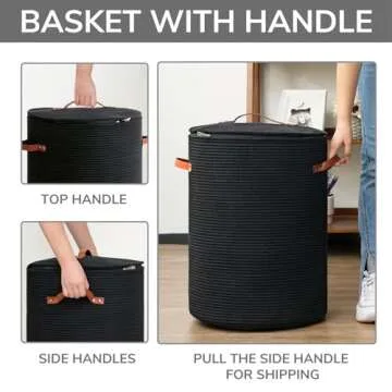 CHICVITA Tall Laundry Basket with Lid, Large Laundry Hamper for Bedroom, Laundry Bin for Clothes, Blankets, Toys, Decorative Woven Basket for Living Room, 15 x 20 inches, Black