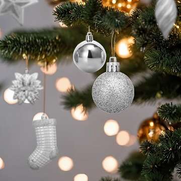 AMS 90ct Christmas Ball Assorted Pendants Shatterproof Tree Ornaments Seasonal Decorations in a Reusable Hand-Help Gift Box Ideal for Holiday and Party (Silver, 90ct)