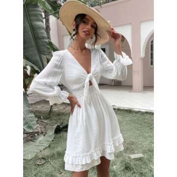 AlvaQ Women Dress 2025 Spring Fall Long Sleeve Mini Dress Summer Sexy V Neck Knot Front Sundress White Medium