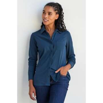 Fair Indigo Women's 100% Organic Pima Cotton Long Sleeve Knit Button Down Shirt (M, Dark Ocean)
