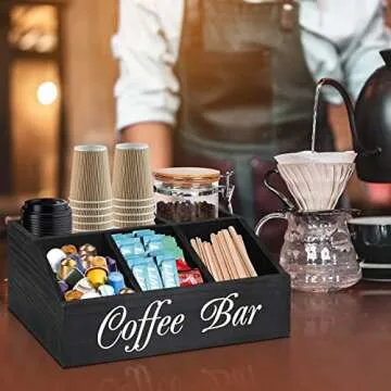 ugiftt Coffee Station Organizer for Counter, Wood Coffee Pods Holder Storage Basket, Coffee and Tea Condiment Storage Organizer, Rustic Coffee Bar Decor for Coffee Accessories Organizer