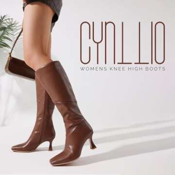 CYNLLIO Knee High Boots for Women Square Toe Kitten High Heel Tall Boots Fashion Side Zipper Stilett...