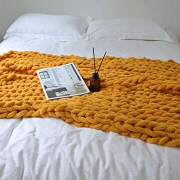 Maetoow Chenille Chunky Knit Blanket Throw （40×50 Inch）, Handmade Warm & Cozy Blanket Couch, Bed, Home Decor, Soft Breathable Fleece Banket, Christmas Thick and Giant Yarn Throws, Mustard Yellow