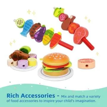 OOOK Wooden Play Barbecue Toy Grill, Kids Grill Playset with Toy Food and Grilling Tools, Play Kitchen Accessories for Toddlers Boys Girls Age 3+