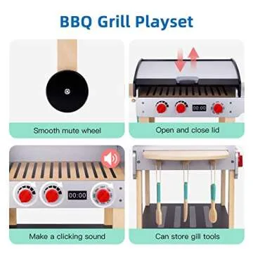 OOOK Wooden Play Barbecue Toy Grill, Kids Grill Playset with Toy Food and Grilling Tools, Play Kitchen Accessories for Toddlers Boys Girls Age 3+
