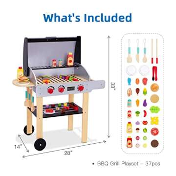 OOOK Wooden Play Barbecue Toy Grill, Kids Grill Playset with Toy Food and Grilling Tools, Play Kitchen Accessories for Toddlers Boys Girls Age 3+