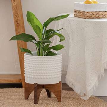 LA JOLIE MUSE Ceramic Planter with Wood Stand - 9.8 Inch Vintage Style Embossed Hobnail Patterned Cylinder Flower Pot with Drain Hole for Indoor, Bright White