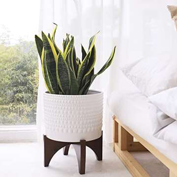 LA JOLIE MUSE Ceramic Planter with Wood Stand - 9.8 Inch Vintage Style Embossed Hobnail Patterned Cylinder Flower Pot with Drain Hole for Indoor, Bright White