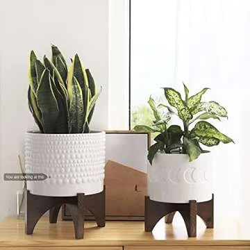 LA JOLIE MUSE Ceramic Planter with Wood Stand - 9.8 Inch Vintage Style Embossed Hobnail Patterned Cylinder Flower Pot with Drain Hole for Indoor, Bright White