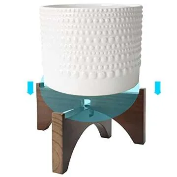 LA JOLIE MUSE Ceramic Planter with Wood Stand - 9.8 Inch Vintage Style Embossed Hobnail Patterned Cylinder Flower Pot with Drain Hole for Indoor, Bright White