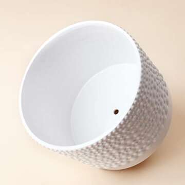 LA JOLIE MUSE Ceramic Planter with Wood Stand - 9.8 Inch Vintage Style Embossed Hobnail Patterned Cylinder Flower Pot with Drain Hole for Indoor, Bright White