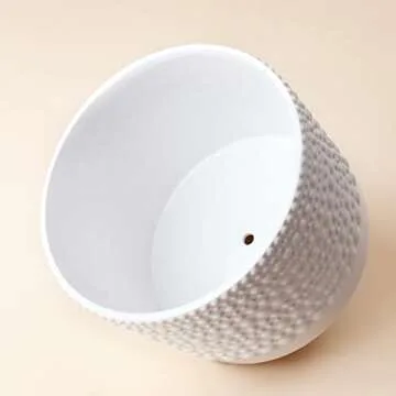 LA JOLIE MUSE Ceramic Planter with Wood Stand - 9.8 Inch Vintage Style Embossed Hobnail Patterned Cylinder Flower Pot with Drain Hole for Indoor, Bright White