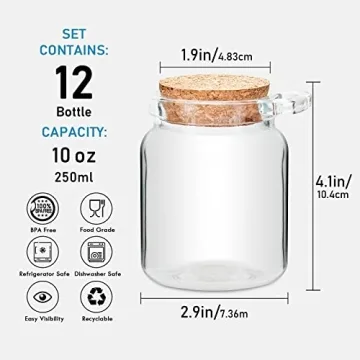 YEBODA 10oz Glass Storage Jars with Cork Lids 12 Pack