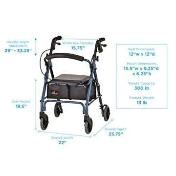 NOVA Medical Products GetGo Petite Rollator Walker for Height 4’0” - 5”4”, Blue, 1 Count
