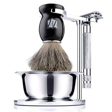 Miusco Men's Wet Shaving Kit, 4 Piece, Badger Hair Shaving Brush, Hand Polished Stainless Steel Shav...