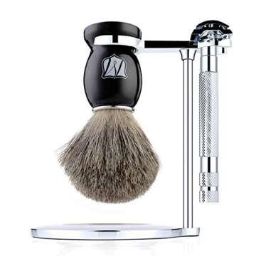 Miusco Men's Wet Shaving Kit, 4 Piece, Badger Hair Shaving Brush, Hand Polished Stainless Steel Shaving Stand, Shaving Bowl & Safety Razor