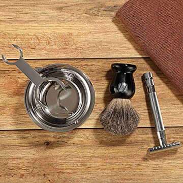 Miusco Men's Wet Shaving Kit, 4 Piece, Badger Hair Shaving Brush, Hand Polished Stainless Steel Shaving Stand, Shaving Bowl & Safety Razor