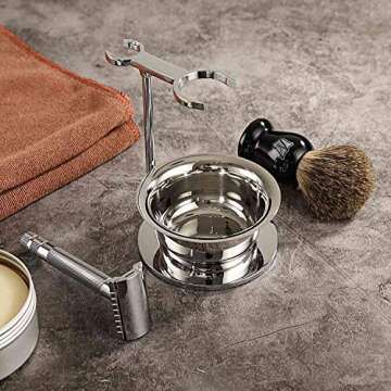 Miusco Men's Wet Shaving Kit, 4 Piece, Badger Hair Shaving Brush, Hand Polished Stainless Steel Shaving Stand, Shaving Bowl & Safety Razor