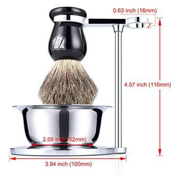 Miusco Men's Wet Shaving Kit, 4 Piece, Badger Hair Shaving Brush, Hand Polished Stainless Steel Shaving Stand, Shaving Bowl & Safety Razor