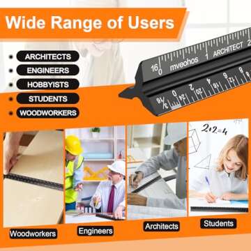 Architectural Scale Ruler, Imperial Measurements 12'', Laser-Etched Aluminum Architect Triangular Ruler Black for Architects, Students, Draftsman, and Engineers by mveohos