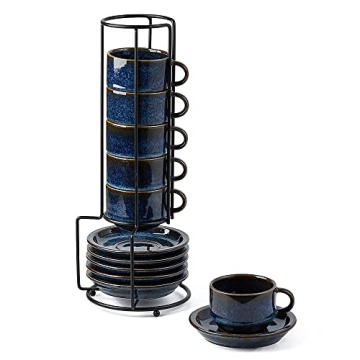 JIEMEI HOME Porcelain Stackable Espresso Cups with Saucers and Metal Stand,4 Ounce Demitasse Cups fo...