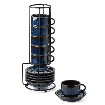 JIEMEI HOME Porcelain Stackable Espresso Cups with Saucers and Metal Stand,4 Ounce Demitasse Cups fo...