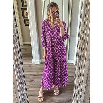 miduo Womens Long Dresses Fashion Summer Spring V Neck Half Sleeve Bohemian Floral Pattern Maxi Long Dresses Beach Purple S