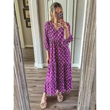 miduo Womens Long Dresses Fashion Summer Spring V Neck Half Sleeve Bohemian Floral Pattern Maxi Long Dresses Beach Purple S