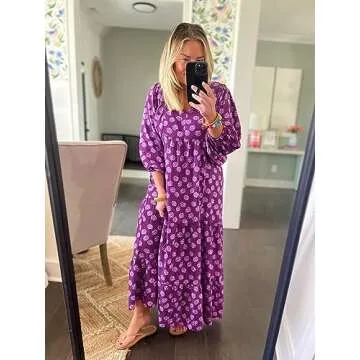 miduo Womens Long Dresses Fashion Summer Spring V Neck Half Sleeve Bohemian Floral Pattern Maxi Long Dresses Beach Purple S