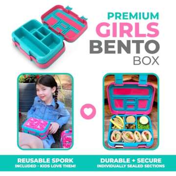 Unicorn Bento Lunch Box for Girls Toddlers, 5 Portion Control Sections, BPA Free Removable Plastic T...