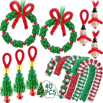 Christmas Crafts for Kids Adults Families, Beaded Ornament Kit to Make Wreath/Candy Cane/Xmas Tree/S...