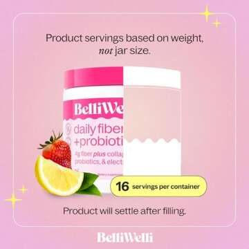 Belli Welli Daily Fiber Supplement Powder with Collagen, Probiotics & Electrolytes | Supports Digestive Health, Gut Balance & Debloating | Strawberry Lemonade | 16 Servings