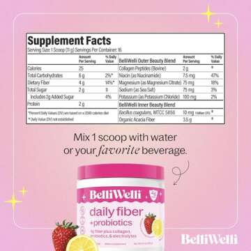 Belli Welli Daily Fiber Supplement Powder with Collagen, Probiotics & Electrolytes | Supports Digestive Health, Gut Balance & Debloating | Strawberry Lemonade | 16 Servings
