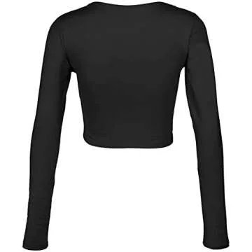 Artfish Women Long Sleeve Scoop V Neck Crop Top Slim Fitted Shirts Black, S