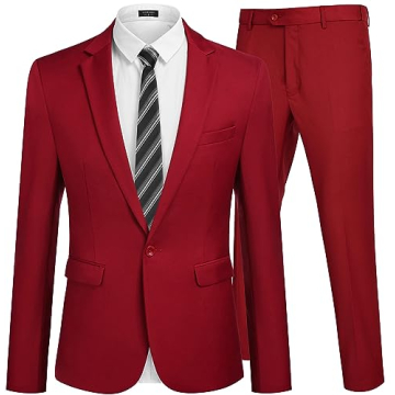COOFANDY Men 2 Piece Suit Jacket Dress Business Blazer Tuxedo Wedding Suit Pant, Wine Red, Large